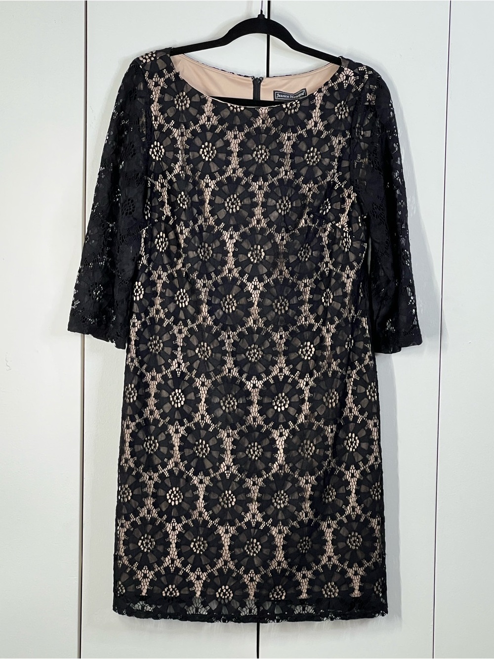 Jessica Howard Size 12 Black Lace Overlay 3/4 Sleeve Midi Dress